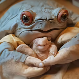 a baby doll is sitting in an open persons arms