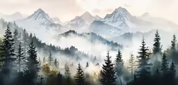 the painting shows an image of the mountains in a foggy sky