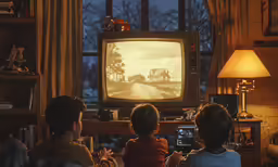 two children are looking at an old fashioned television screen