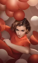 a beautiful woman standing inside of a ball filled tunnel