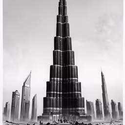 black and white photo of the burj tower in dubai, surrounded by skyscrapers