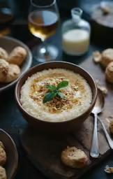 a bowl with bread and garnishes on a board