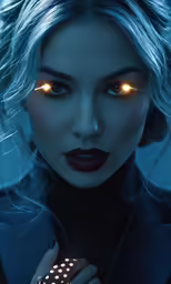 a woman with glowing eyes holding a cell phone