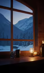 a candle and a vase in front of a window
