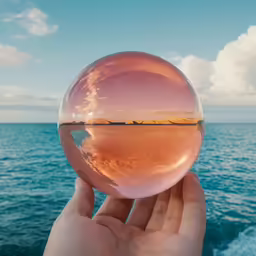 the water is shining in a bubble next to the land