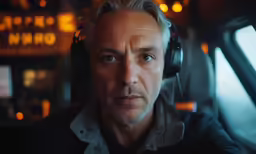an older man with headphones looking off to the side