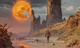 a man walking on a path with the sun in the background