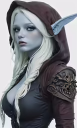 a female elf with long white hair and horns