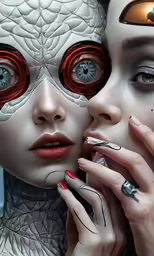 two woman with large eyes and their faces are arranged in an artistic photograph