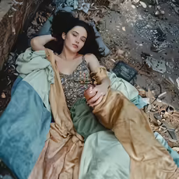 a woman sits on a bed with a beverage