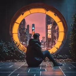 man sitting on ground in front of circular shaped object
