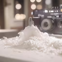 a closeup of a camera near some whipped white stuff