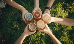 four hands are holding their glasses with different beers in it