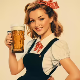 a woman holding a glass of beer wearing an apron