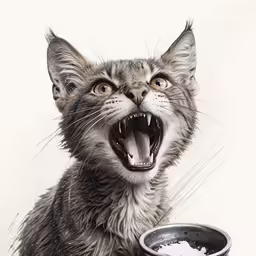 a cat is hissing its teeth and in the bowl