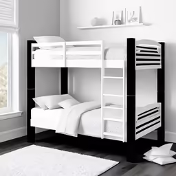 a bunk bed with drawers and stairs in a white room