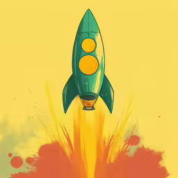 a painting of a rocket ship with smoke coming out of the side