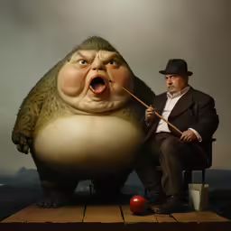 a man sitting on top of a chair in front of an animated gorilla