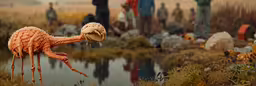 a fake flamingo is surrounded by a bunch of other people