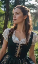 young woman dressed in period dress looking at the camera