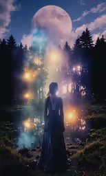 a couple standing near a river under a full moon