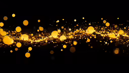 many yellow lights that are shining on a black background