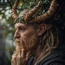 a man with long hair and a goat head crown