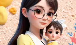 a female doll wearing glasses and a doll girl