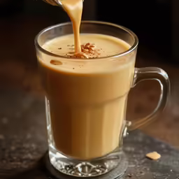 a glass full of coffee being poured into a cup
