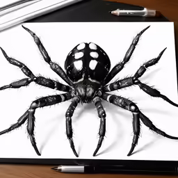 the spider is painted on paper next to markers