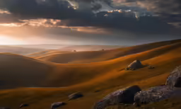 the sun shines on the rolling hills as clouds gather above