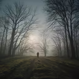a person in black jacket walking down the trail in the middle of forest