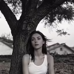 a black and white photo of a woman near a tree