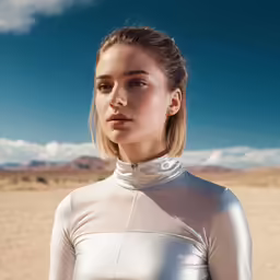 a woman standing in a desert wearing white