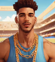 a man wearing two necklaces and a blue shirt,a man wearing a gold chain is standing