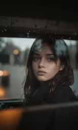 a woman sitting inside of a vehicle near a light