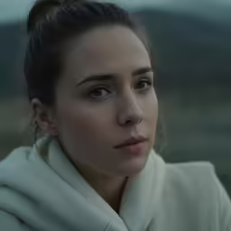 a woman in a white sweater with long hair