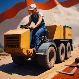 a man rides a large construction vehicle on a dirt road,a construction worker is riding a tractor in front of a building