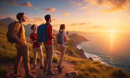 group of young people with backpacks overlooking a sunset,a group of people standing at the top of a hill
