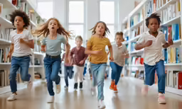 the children running in the library on the bookshelves