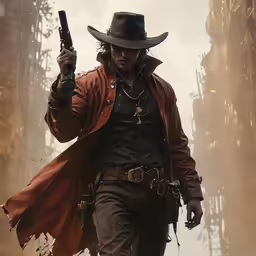 a man dressed in old west style clothing holding two guns