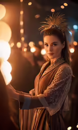 a young lady in a dark costume holds a large lighted lit candle