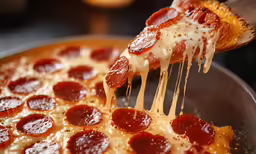 a person grabbing a slice of pepperoni pizza
