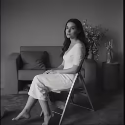 a black and white image of a woman in a chair