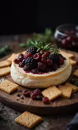 cheese dish with berries and crackers on plate