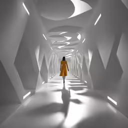 a woman in yellow coat walking down an empty white room
