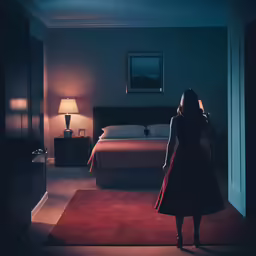 woman standing in the dark near a large bed