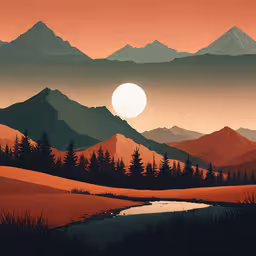 there is an orange and black landscape in the background,a poster depicting a sunrise over mountains and lakes