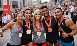 a group of runners pose together with their medals