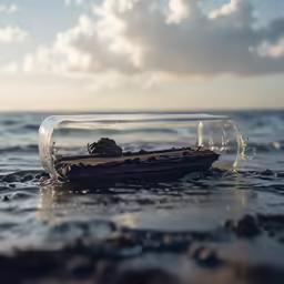 a small boat is in the water inside a bottle